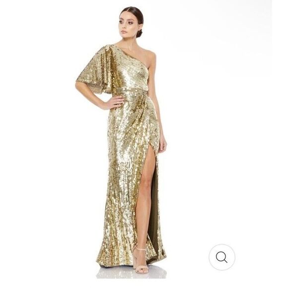 Mac Duggal Gold Sequin One Shoulder High Slit Evening Gown Dress sz 10 NWT $698 - Picture 5 of 12